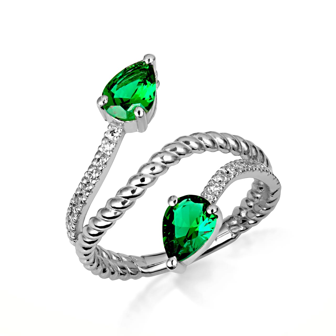 Sterling Silver Pear Cut Double Gemstone Wrap Around Rope Band Ring, view 7