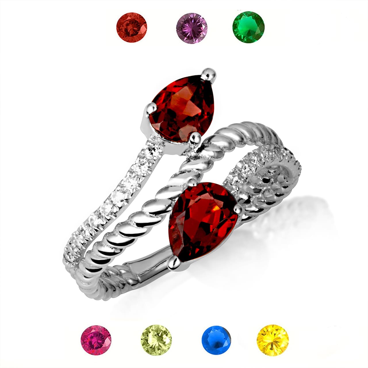 Sterling Silver Pear Cut Double Gemstone Wrap Around Roped Band Ring