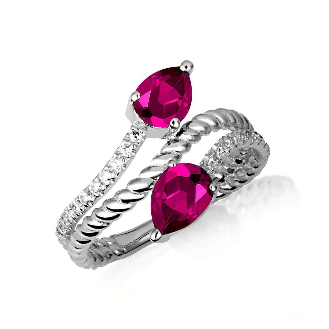 Sterling Silver Pear Cut Double Gemstone Wrap Around Roped Band Ring, view 4