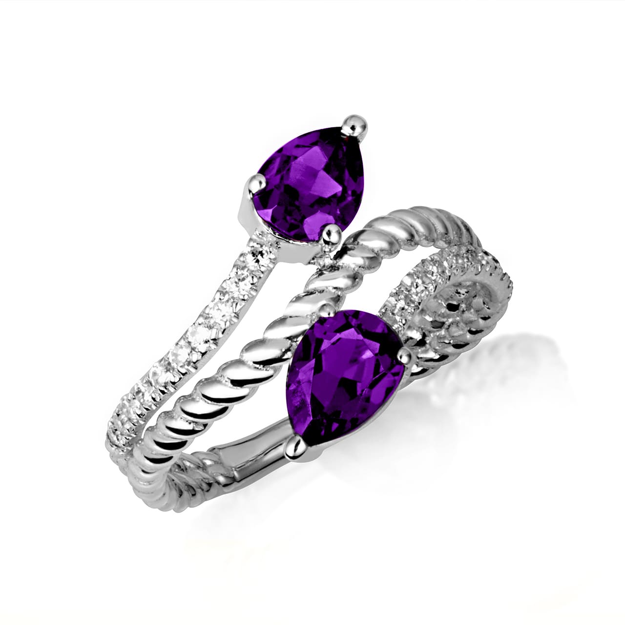 Sterling Silver Pear Cut Double Gemstone Wrap Around Roped Band Ring, view 9