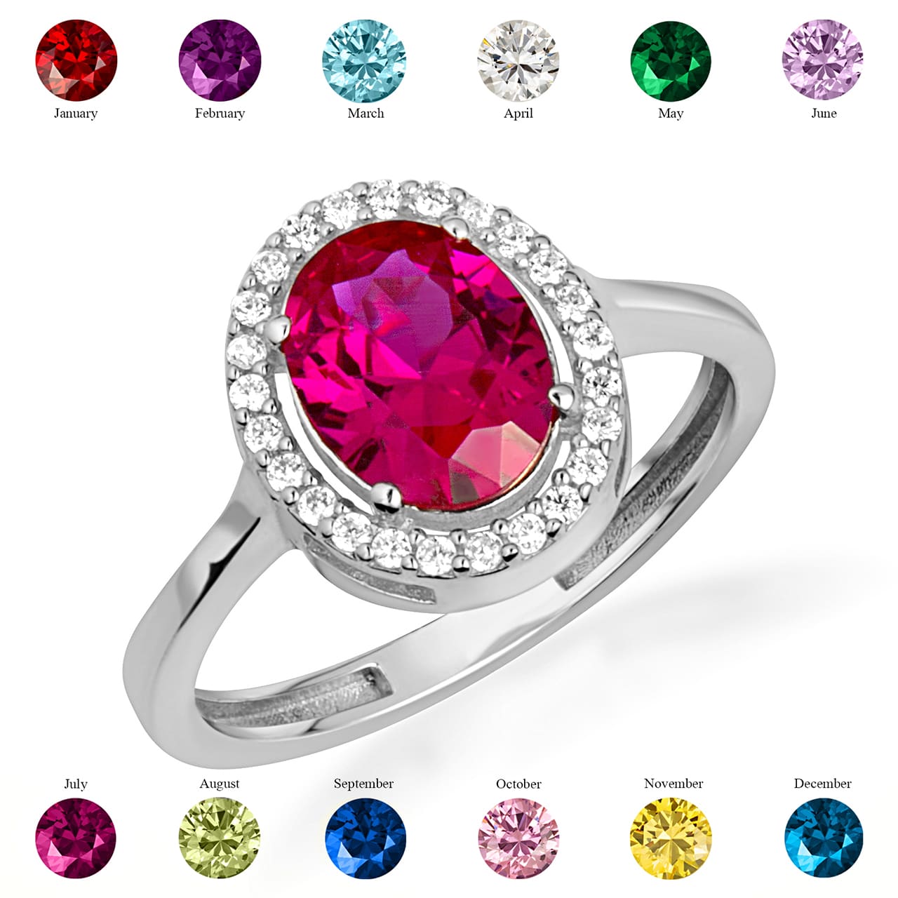 Sterling Silver Personalized Halo Birthstone Ring