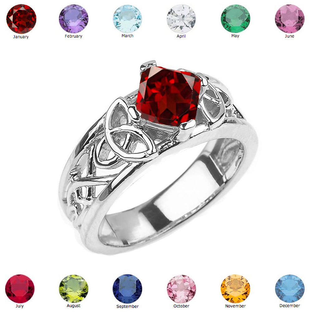 Sterling Silver Personalized Princess Cut Birthstone Irish Celtic Trinity Knot Band Ring