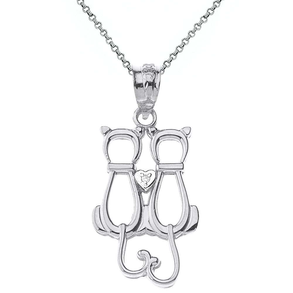 Sterling Silver Pet Cats Silhouette Cubic Zirconia Heart Pendant Necklace