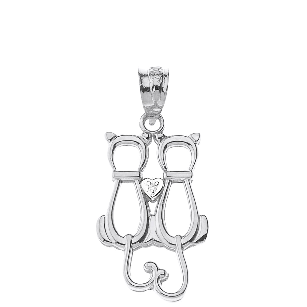 Sterling Silver Pet Cats Silhouette Cubic Zirconia Heart Pendant Necklace, view 2