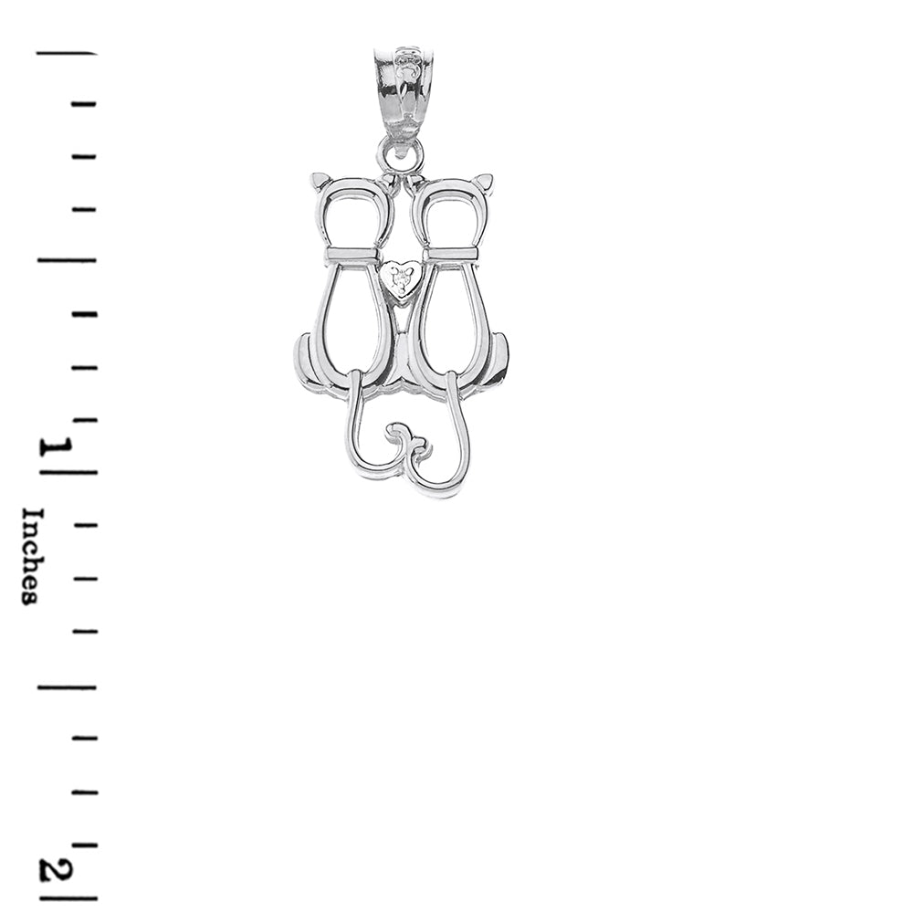 Sterling Silver Pet Cats Silhouette Cubic Zirconia Heart Pendant Necklace, view 3