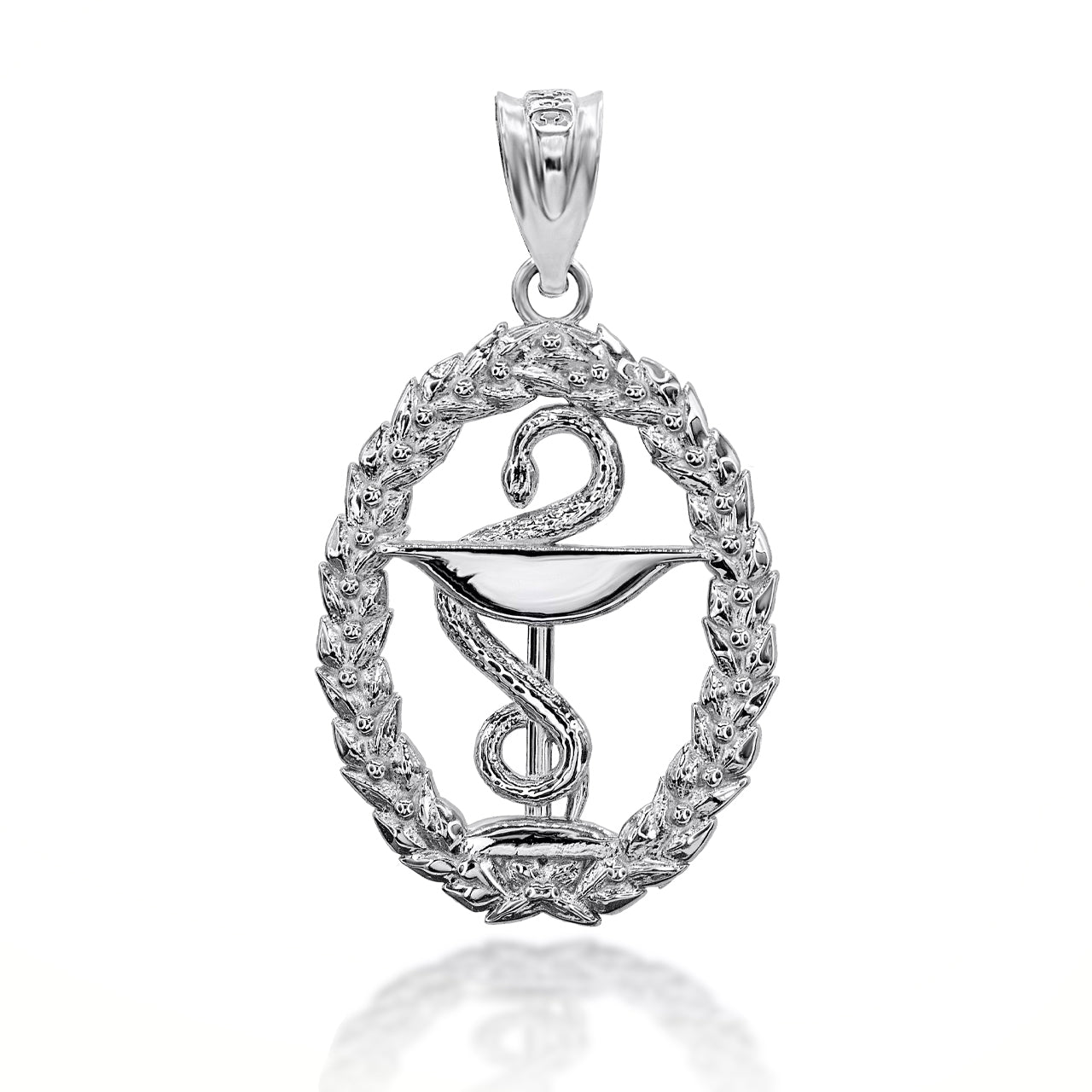 Sterling Silver Pharmacy Bowl Of Hygieia Oval Wreath Pendant Necklace