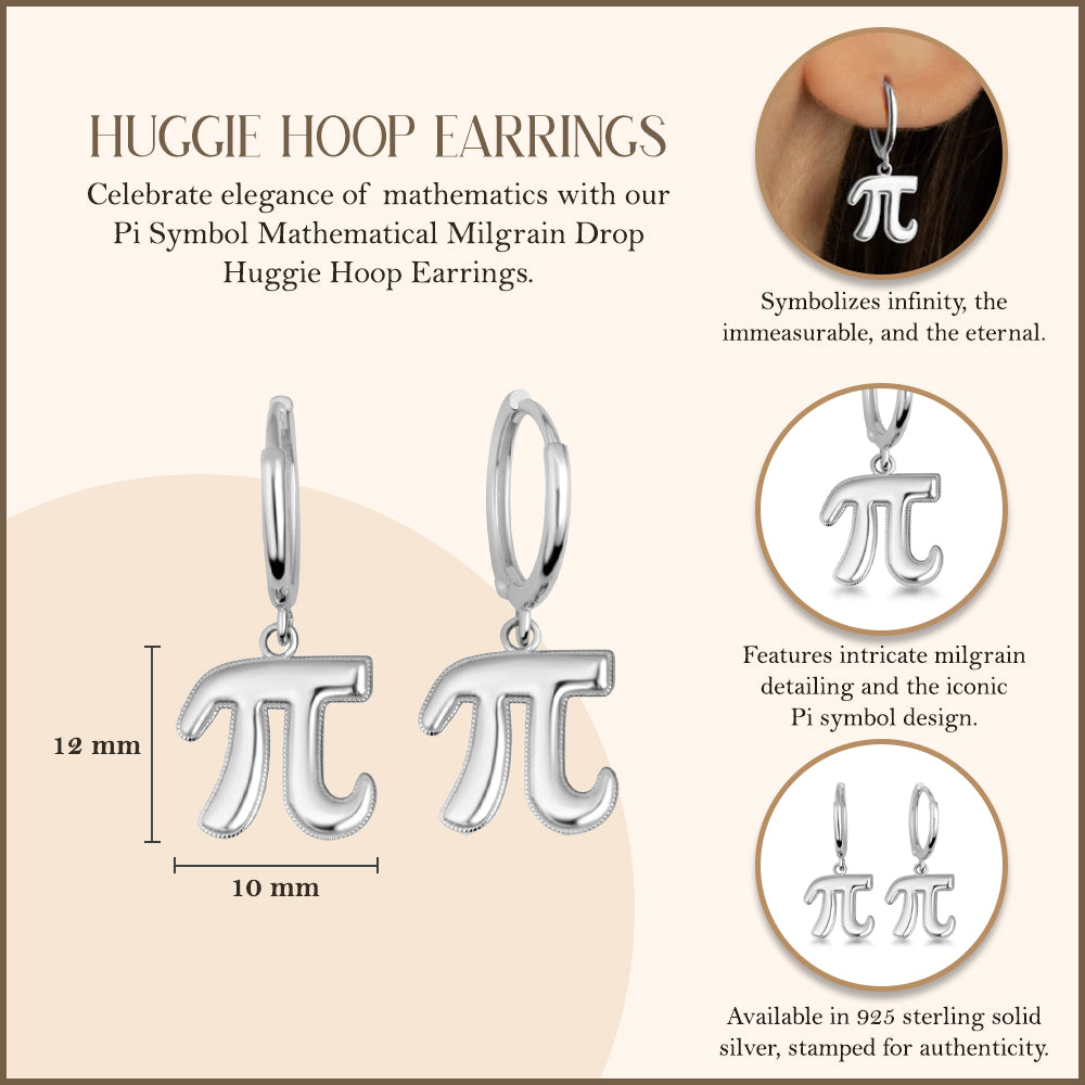 Sterling Silver Pi Symbol Mathematical Milgrain Drop Huggie Hoop Earrings, view 3