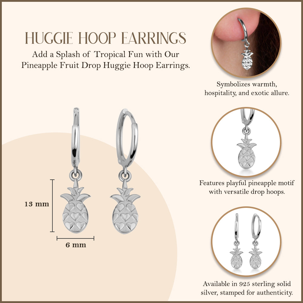 Sterling Silver Pineapple Fruit Drop Huggie Hoop Earrings, view 3