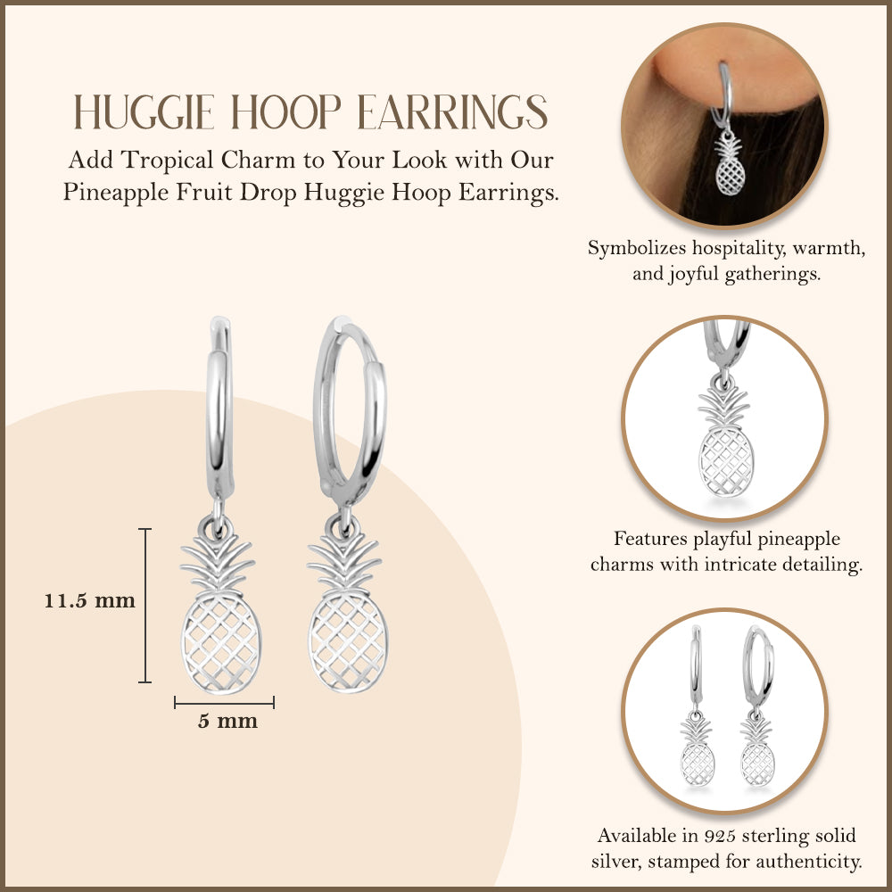 Sterling Silver Pineapple Tropical Fruit Drop Huggie Hoop Earrings, view 3