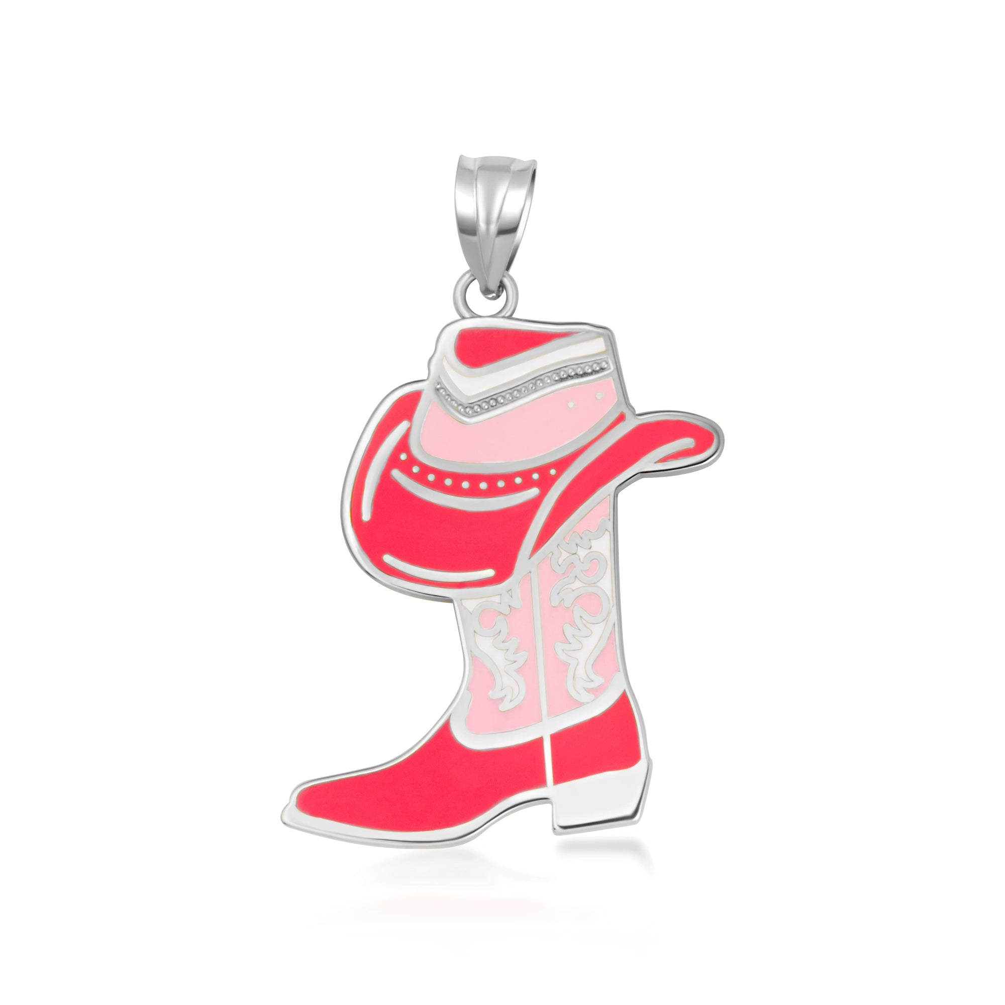 Sterling Silver Pink Enamel Cowboy Hat Boots Western Pendant Necklace