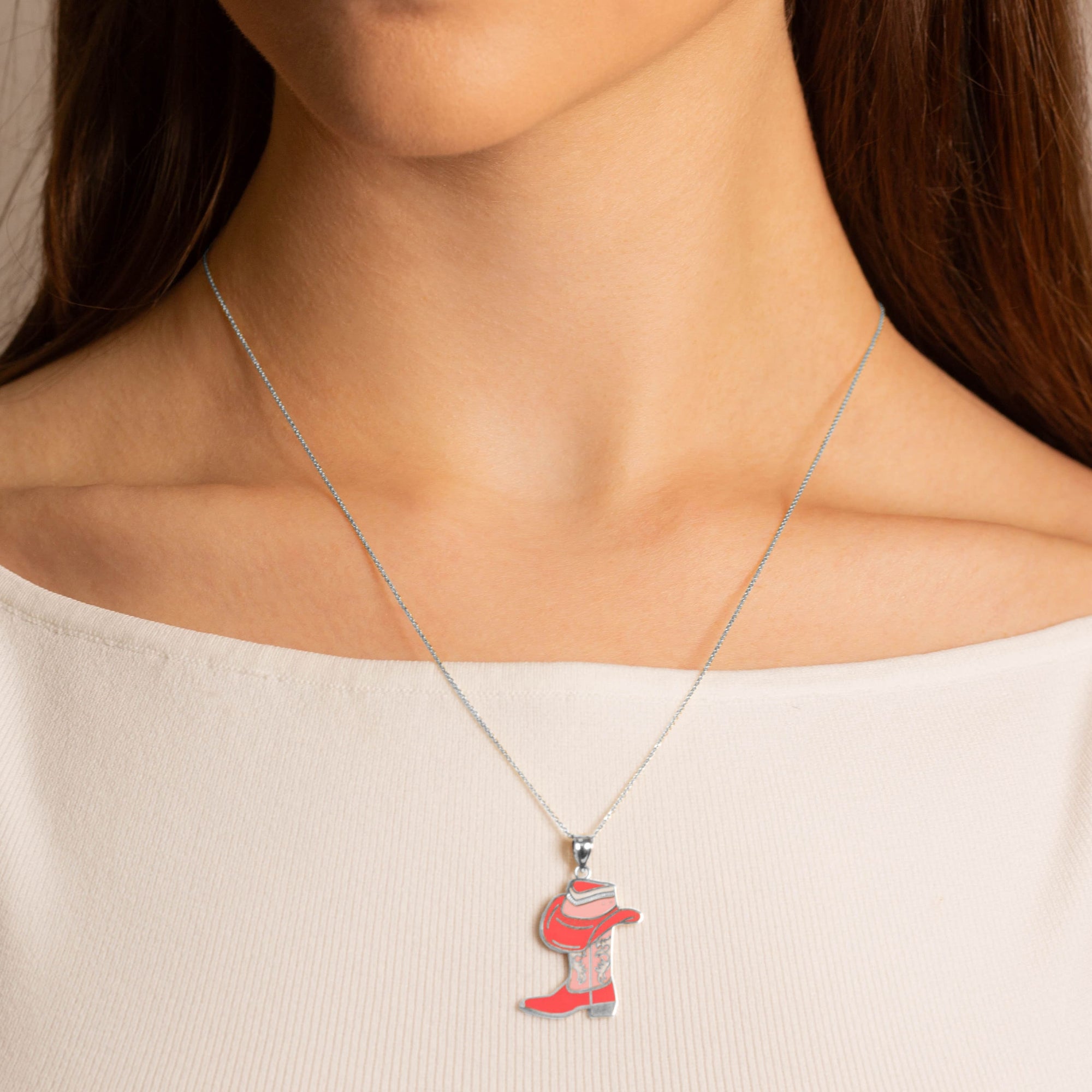 Sterling Silver Pink Enamel Cowboy Hat Boots Western Pendant Necklace, view 2