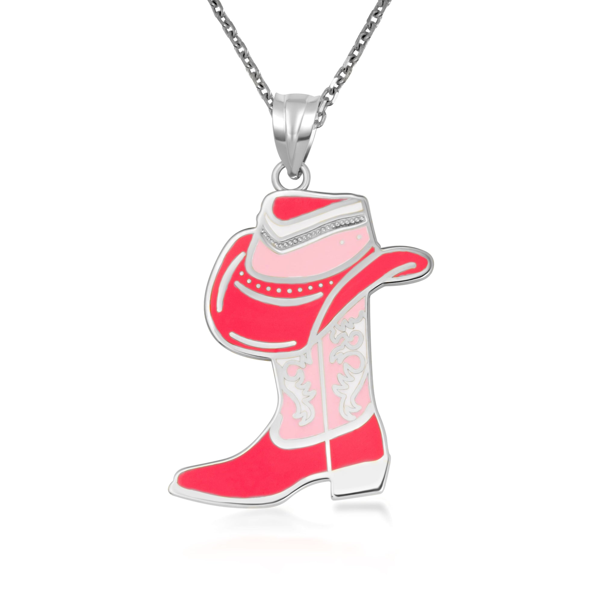 Sterling Silver Pink Enamel Cowboy Hat Boots Western Pendant Necklace, view 4