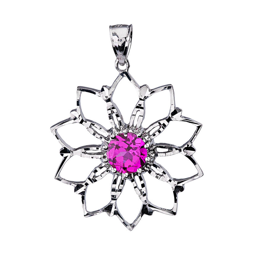 Sterling Silver Pink Stone Lotus Flower Pendant, view 2
