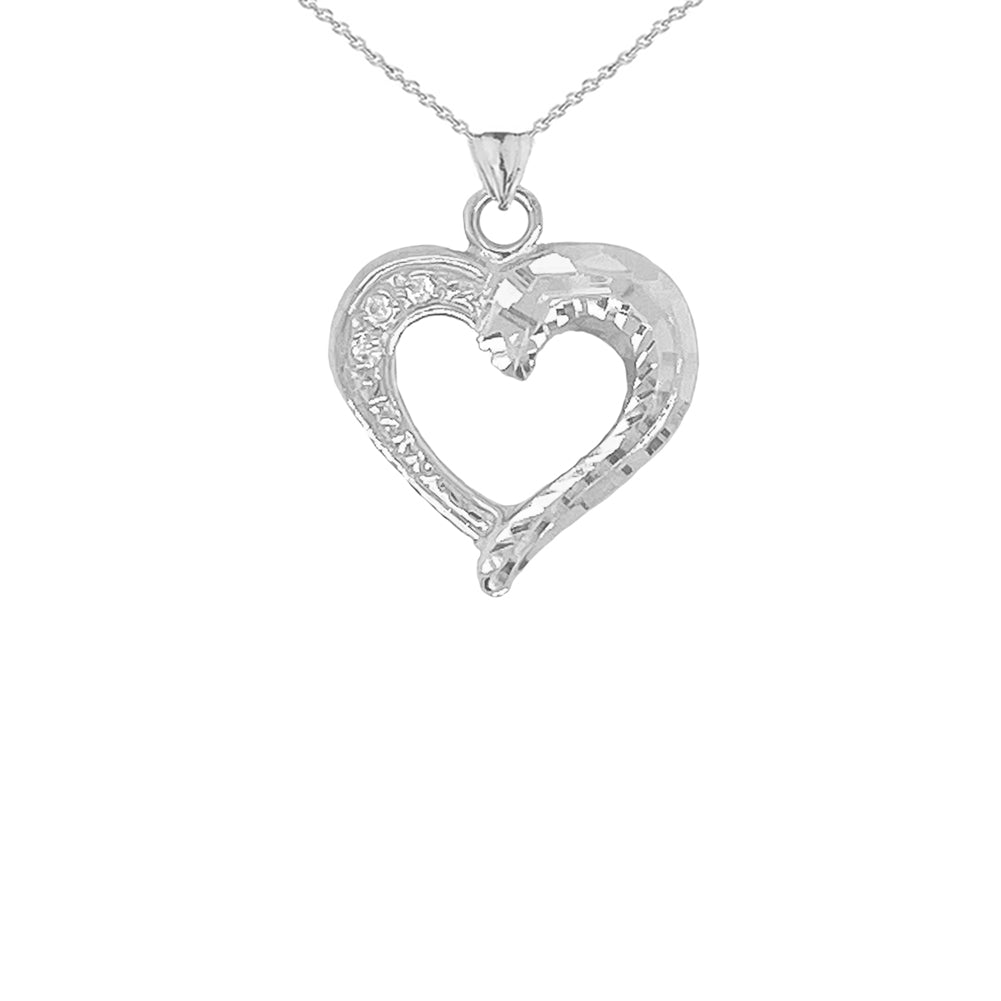 Sterling Silver Polished Diamond Heart Pendant Necklace
