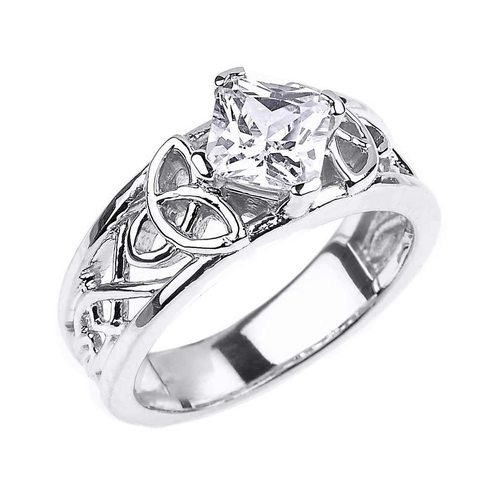 Sterling Silver Princess Cut Cubic Zirconia Irish Celtic Trinity Knot Band Ring