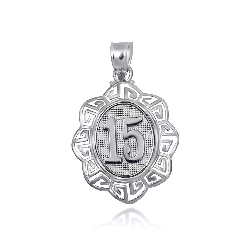 Sterling Silver Quinceañera 15 Años Greek Key Textured Pendant Necklace