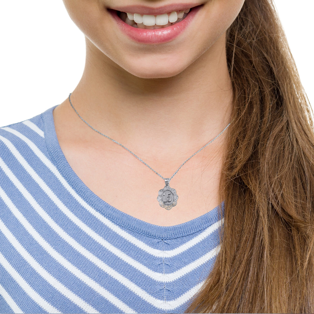 Sterling Silver Quinceañera 15 Años Greek Key Textured Pendant Necklace, view 2
