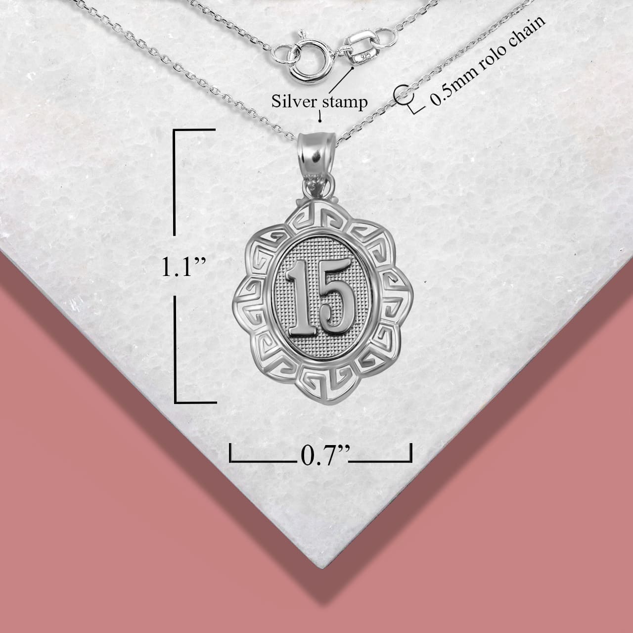 Sterling Silver Quinceañera 15 Años Greek Key Textured Pendant Necklace, view 3