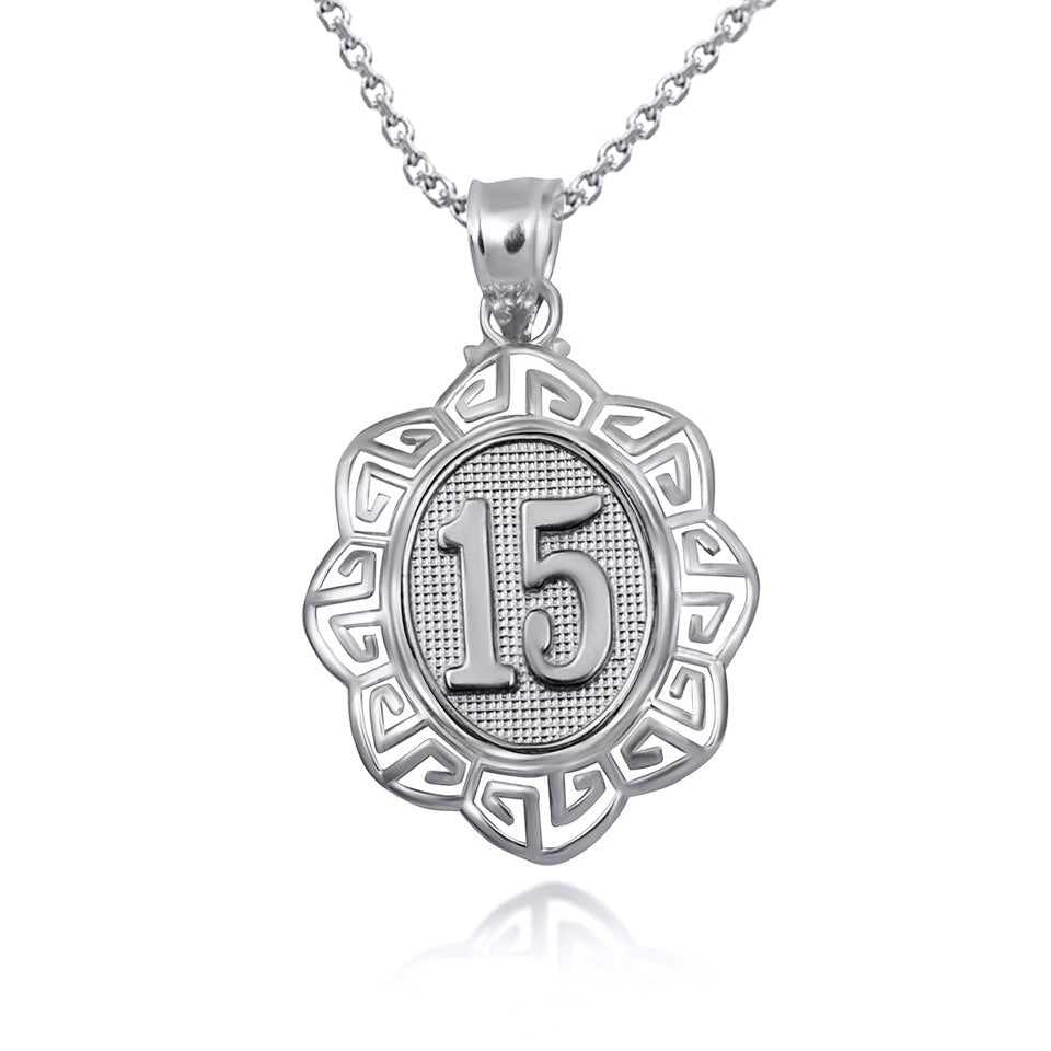 Sterling Silver Quinceañera 15 Años Greek Key Textured Pendant Necklace, view 4