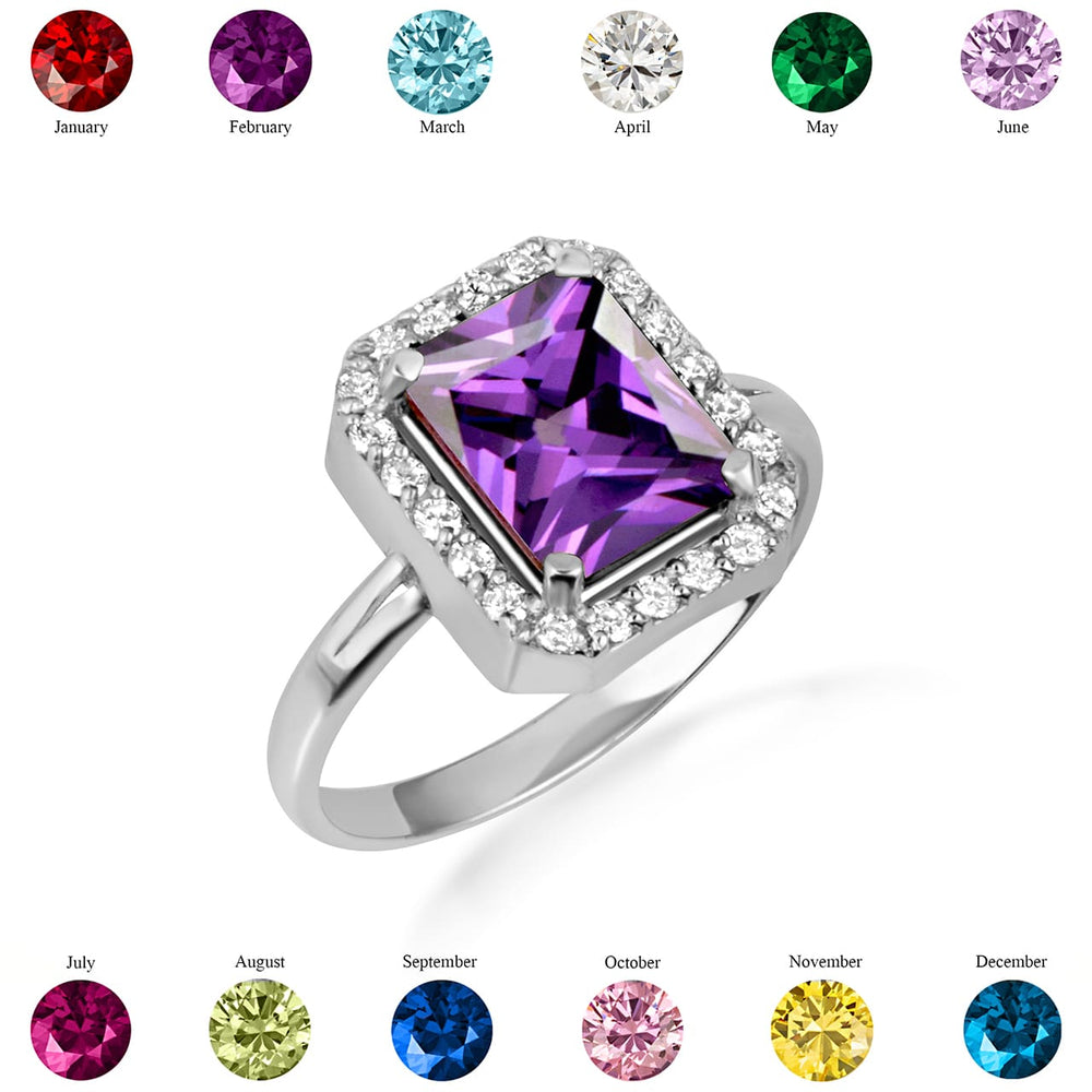 Sterling Silver Radiant Cut Birthstone Halo Ring