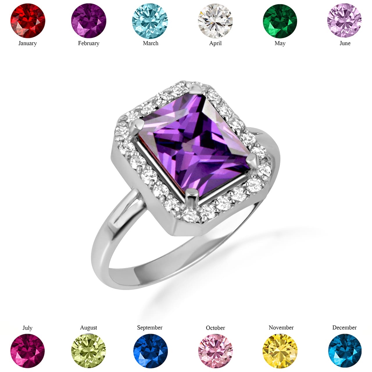 Sterling Silver Radiant Cut Birthstone Halo Ring