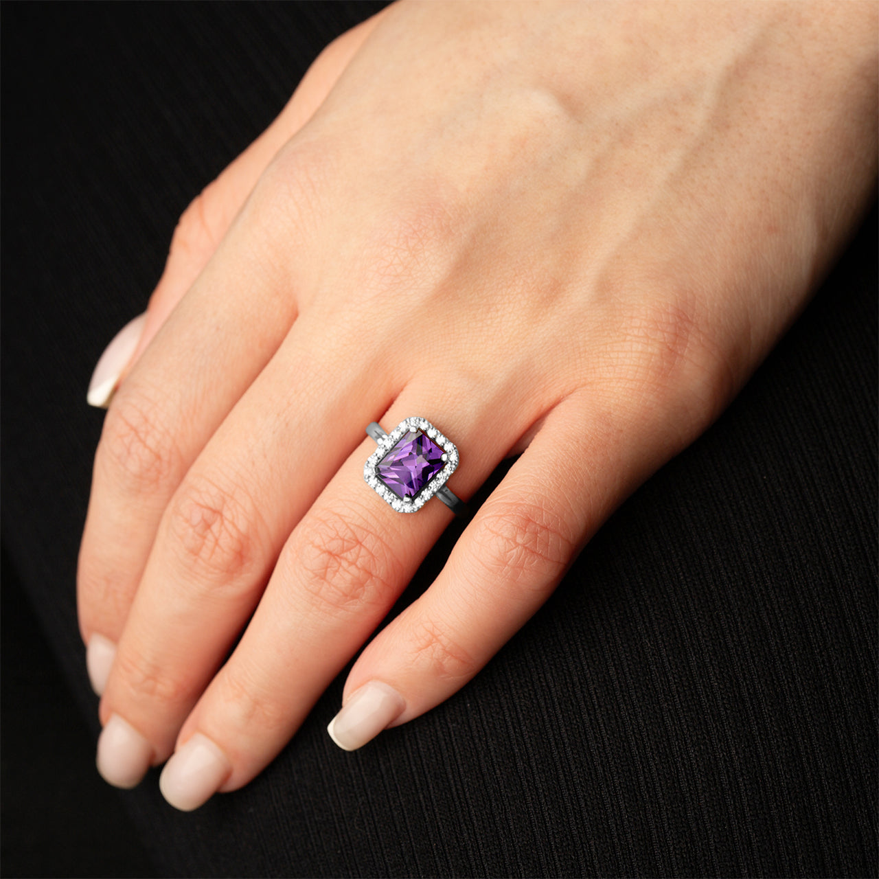 Sterling Silver Radiant Cut Birthstone Halo Ring, view 2