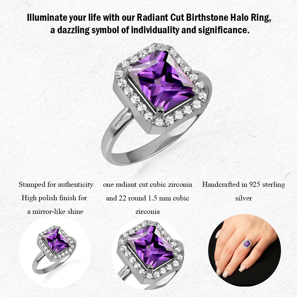 Sterling Silver Radiant Cut Birthstone Halo Ring, view 3