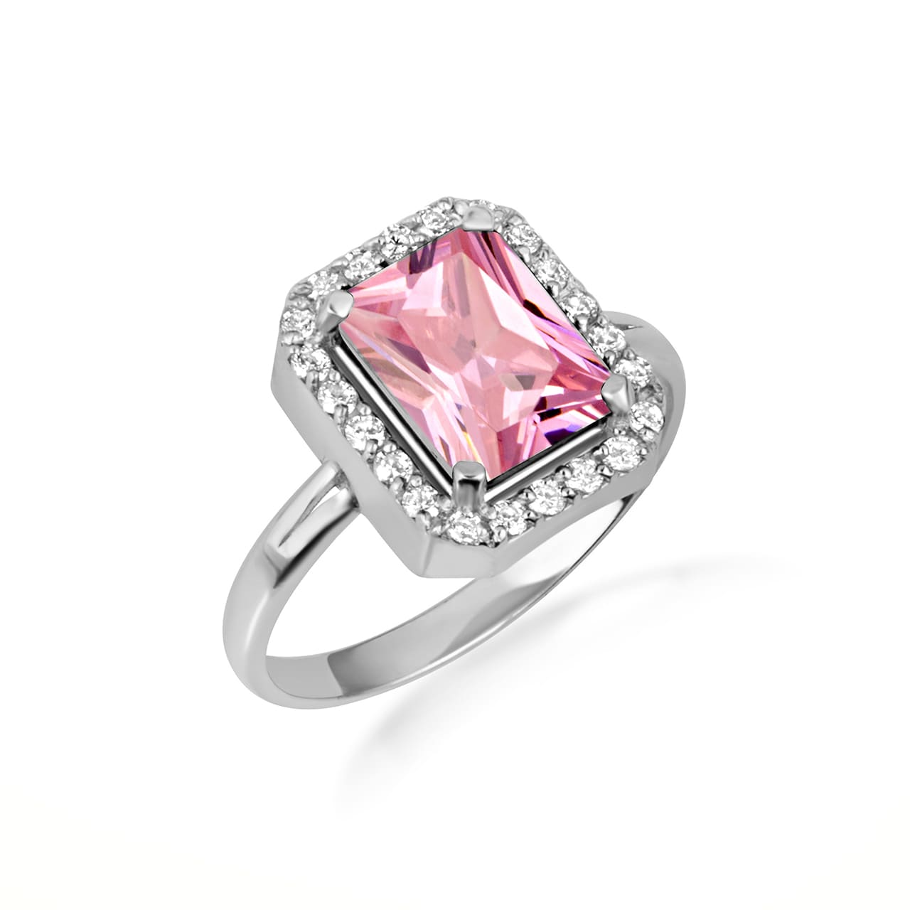 Sterling Silver Radiant Cut Birthstone Halo Ring, view 6