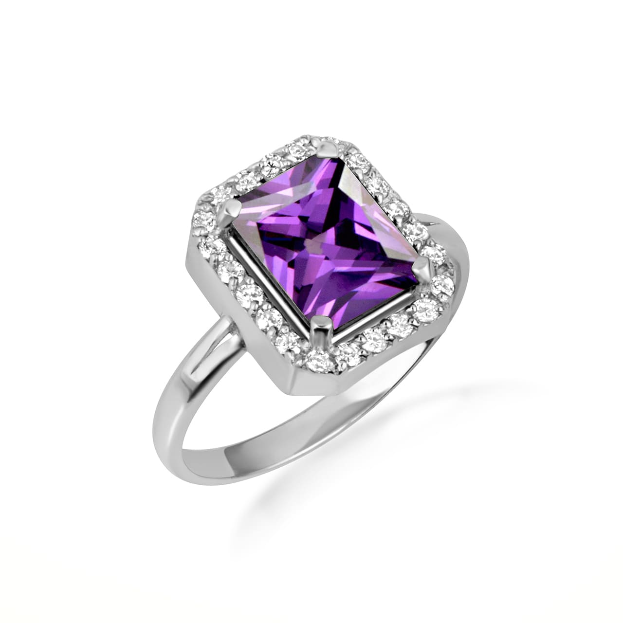 Sterling Silver Radiant Cut Birthstone Halo Ring, view 9