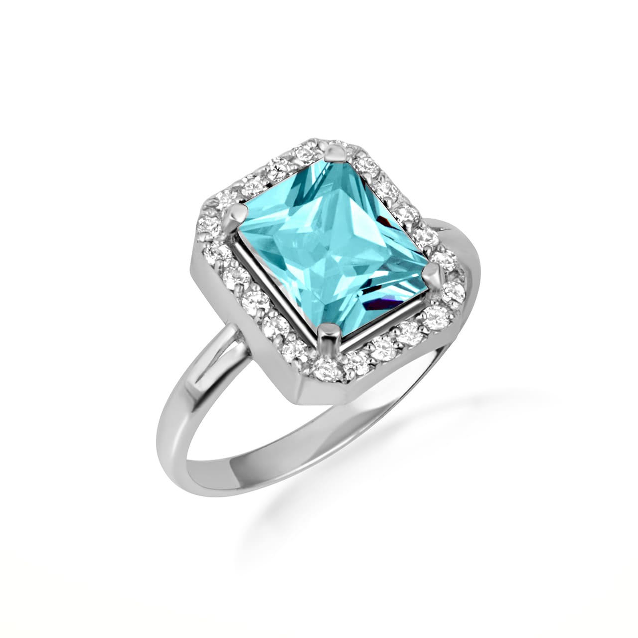 Sterling Silver Radiant Cut Birthstone Halo Ring, view 10