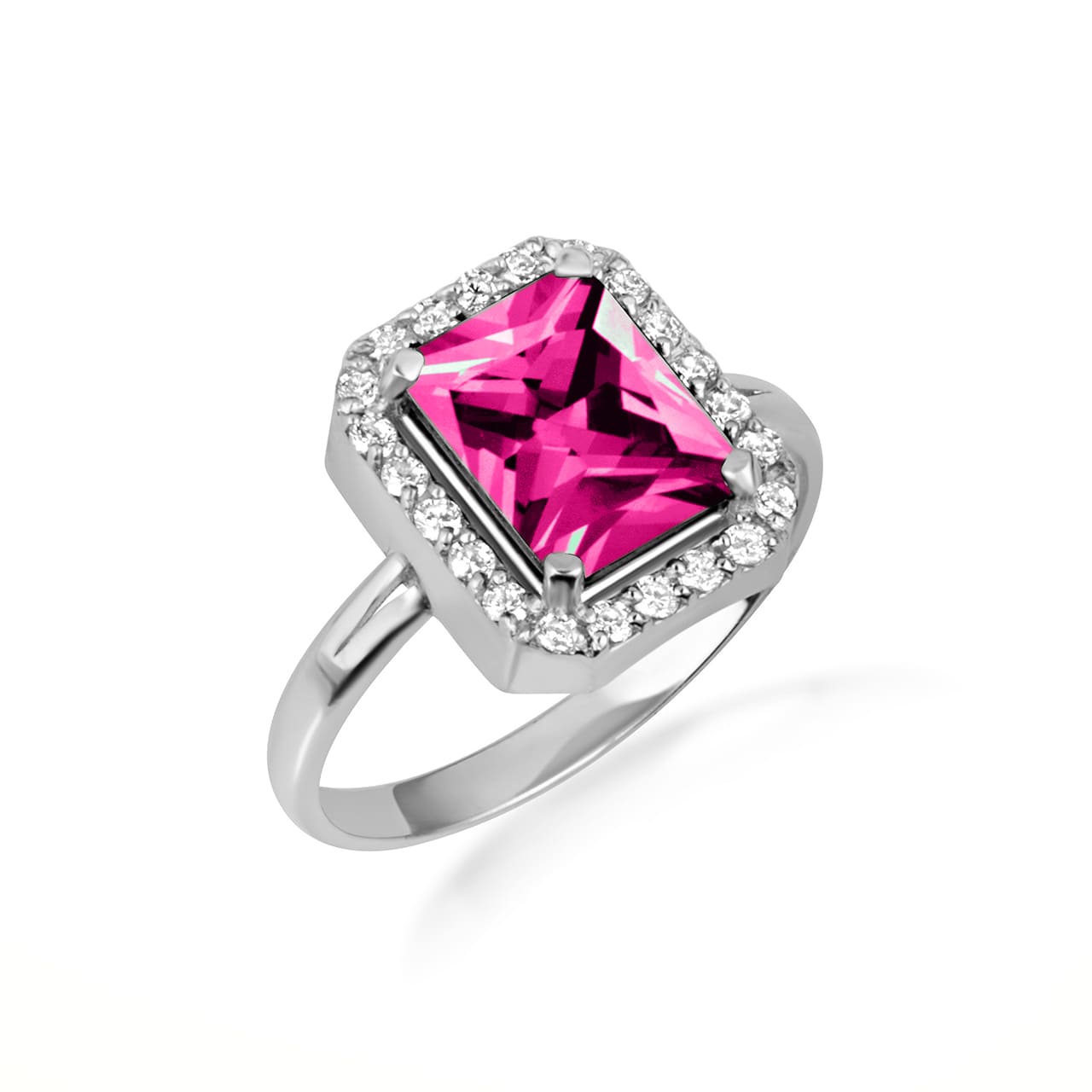 Sterling Silver Radiant Cut Birthstone Halo Ring, view 14