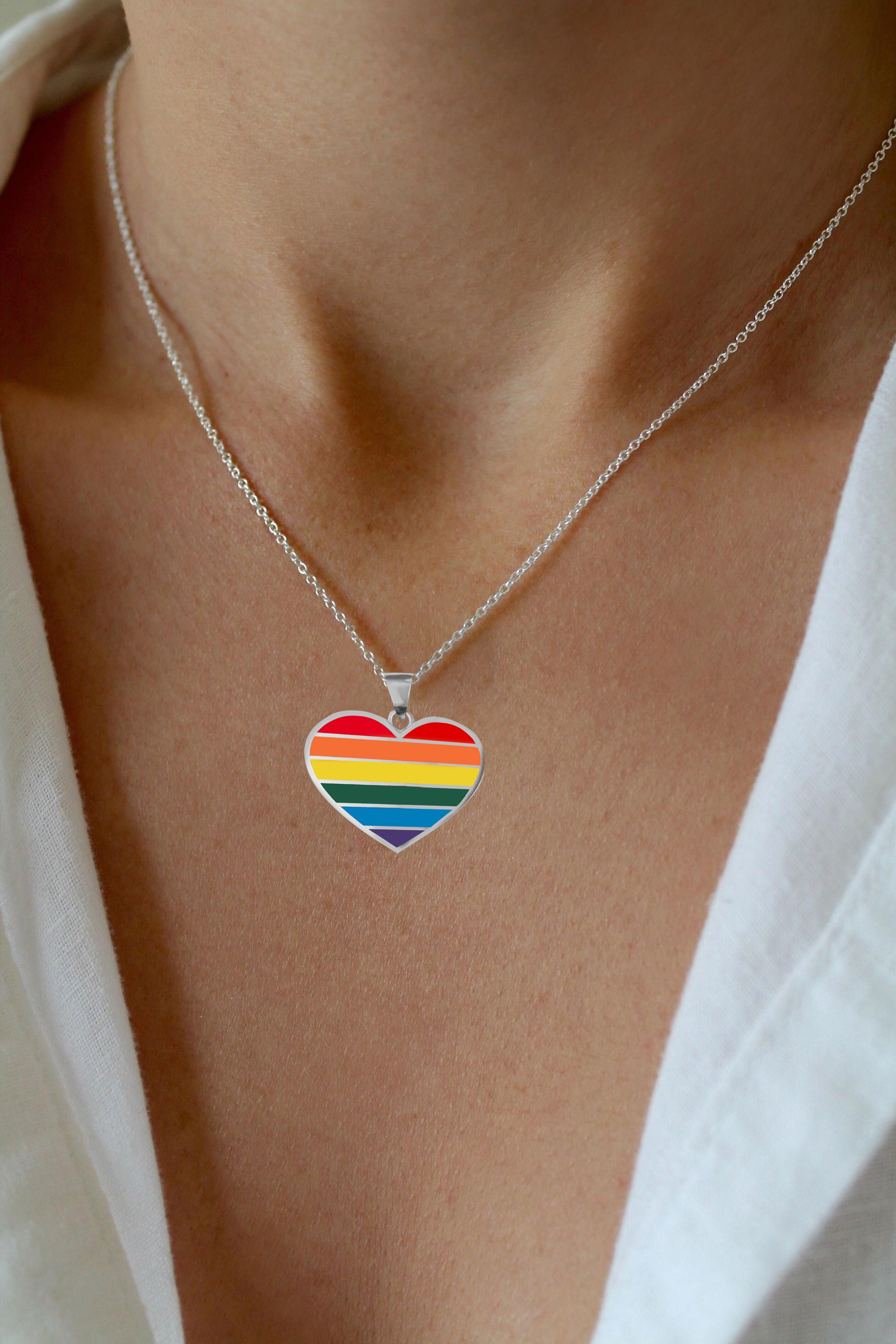 Sterling Silver Rainbow Pride Flag Heart Pendant Necklace, view 2