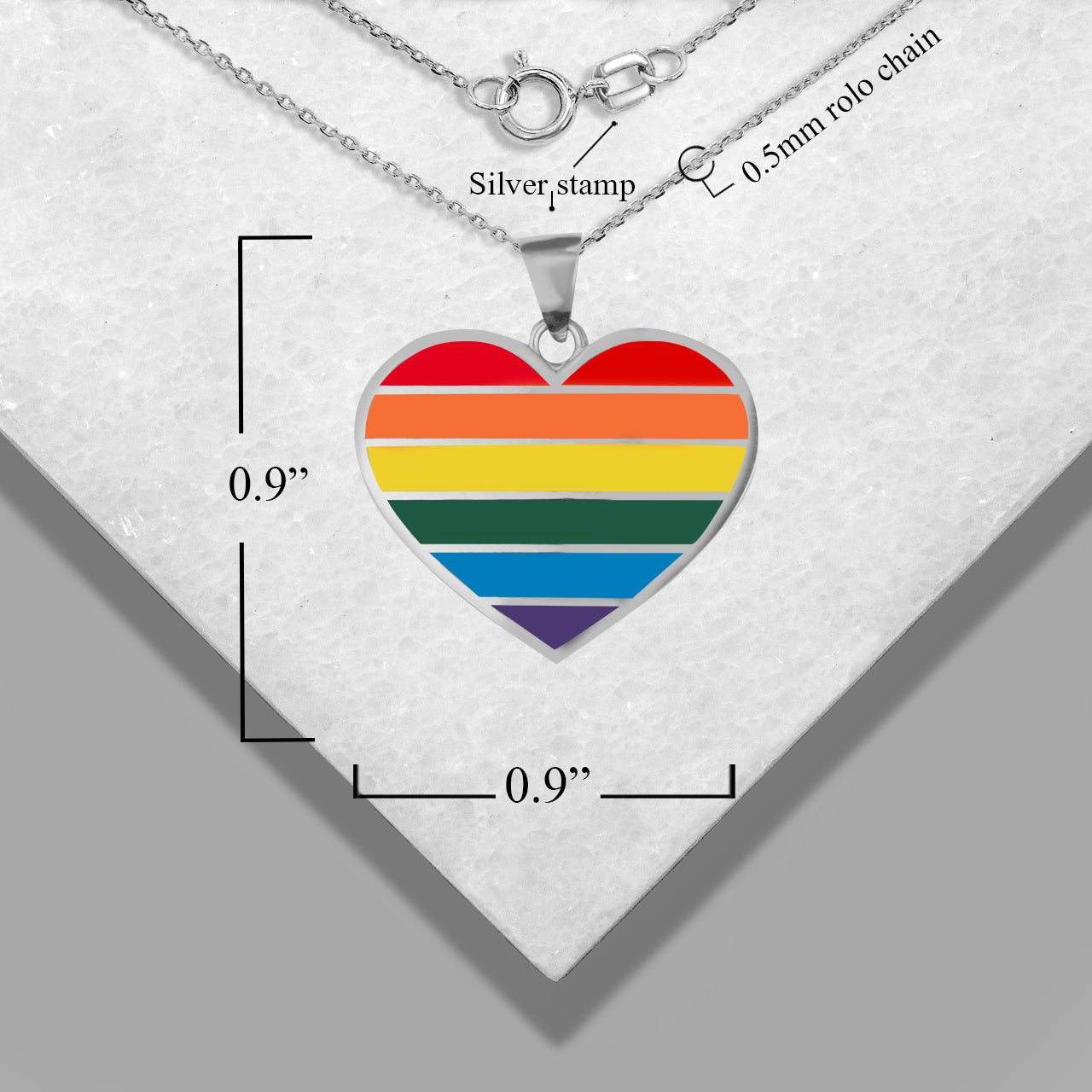 Sterling Silver Rainbow Pride Flag Heart Pendant Necklace, view 3