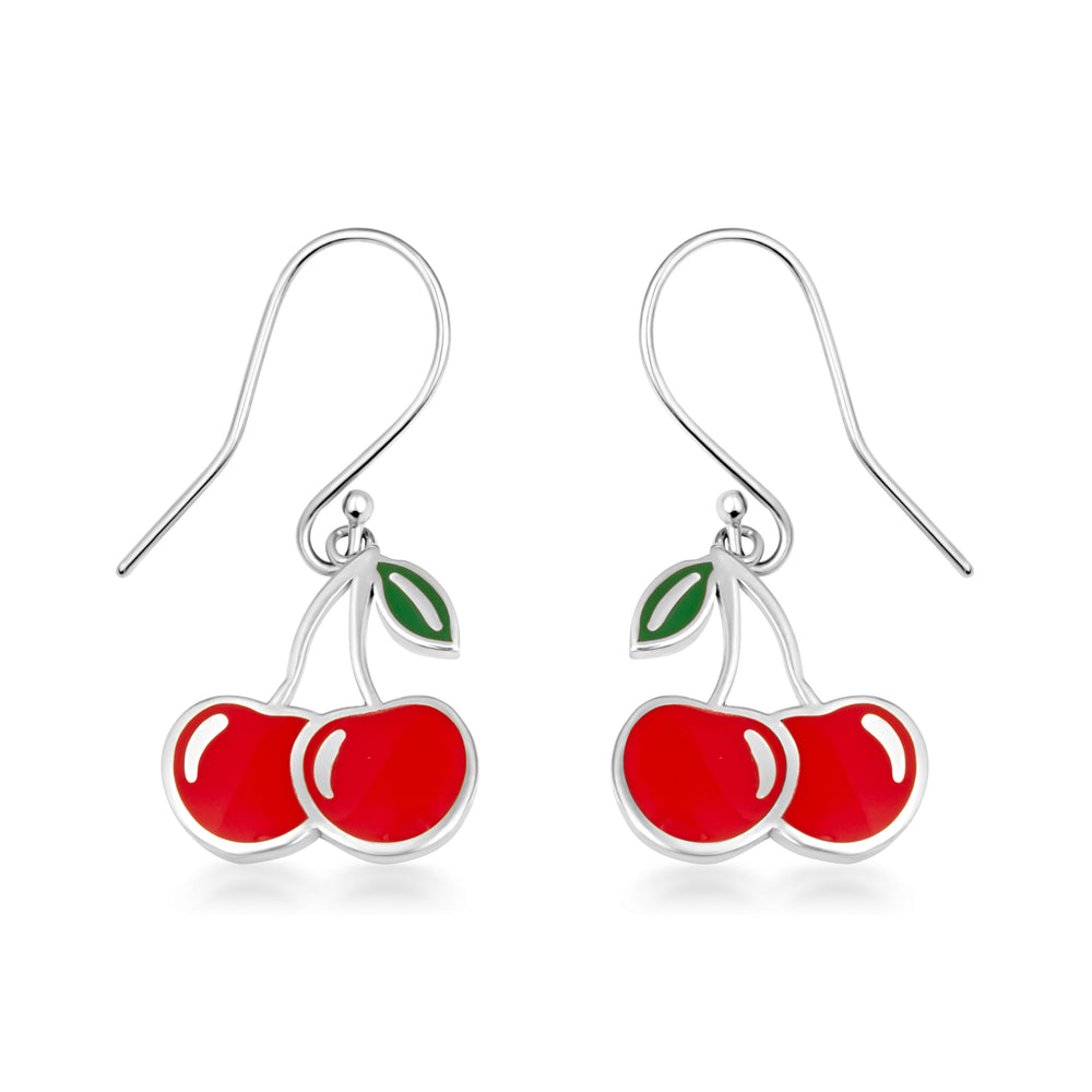 Sterling Silver Red Enamel Cherry Fruit Hook Earrings