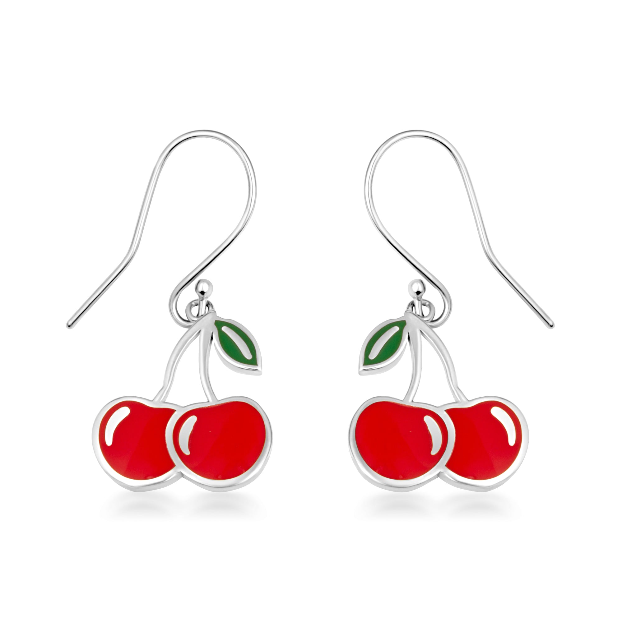Sterling Silver Red Enamel Cherry Fruit Hook Earrings