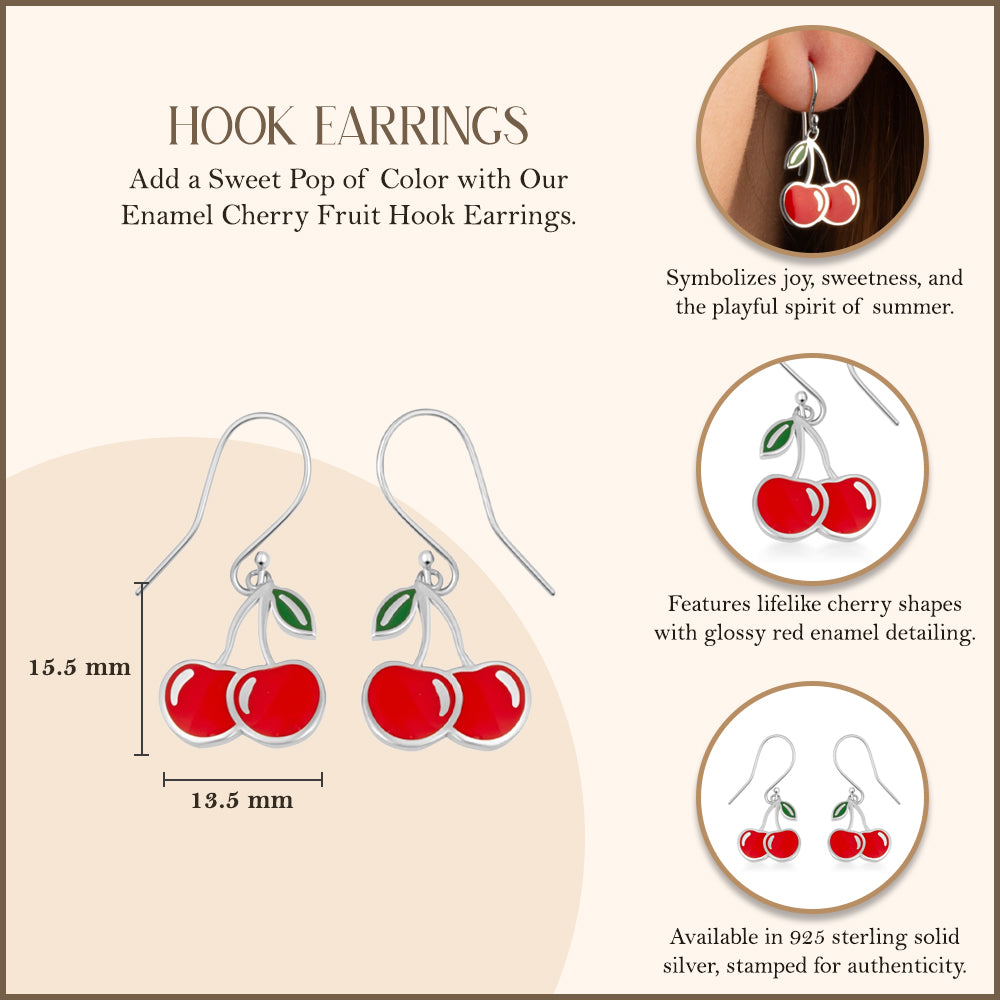 Sterling Silver Red Enamel Cherry Fruit Hook Earrings, view 3