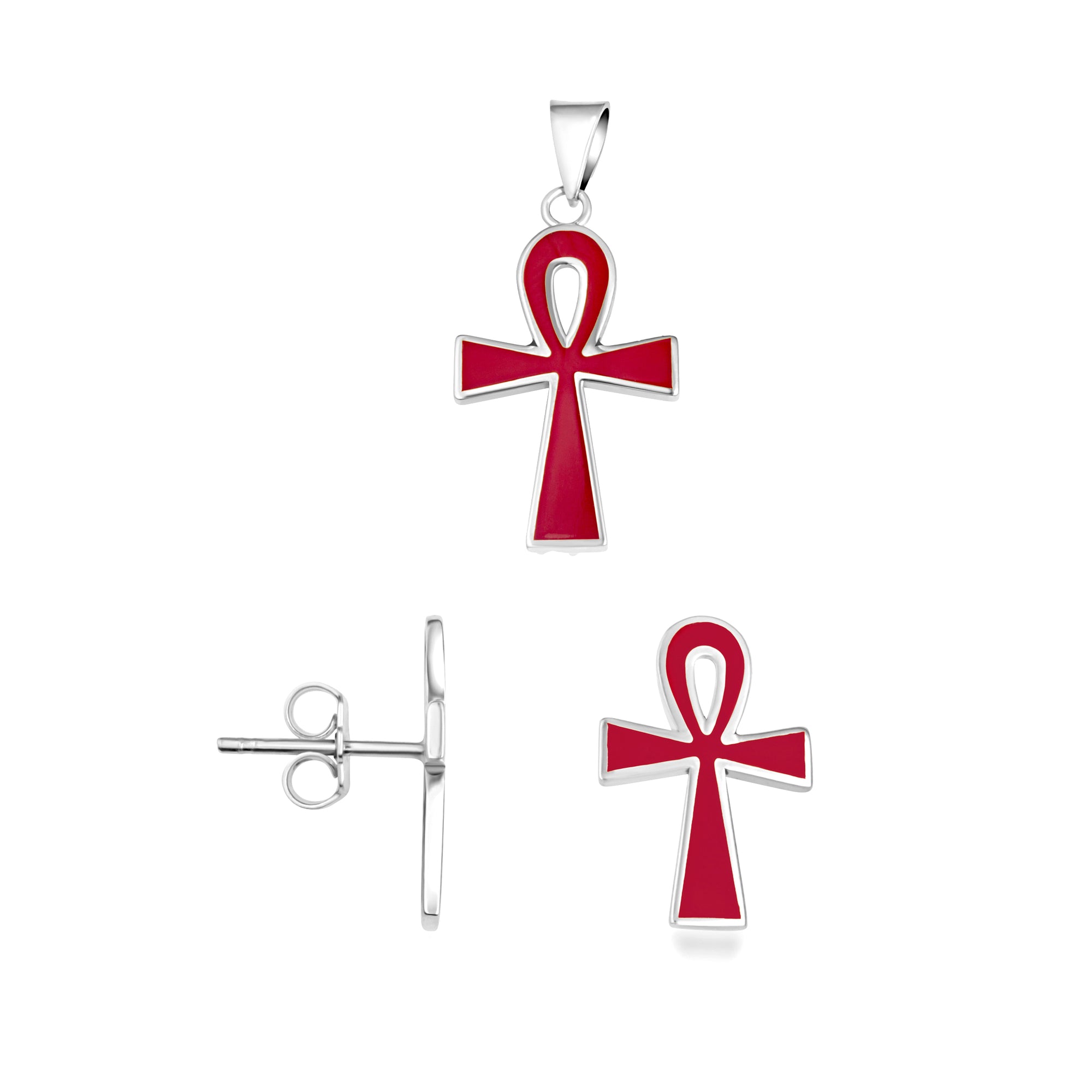 Sterling Silver Red Enamel Egyptian Ankh Cross Stud Earrings Pendant Necklace Set