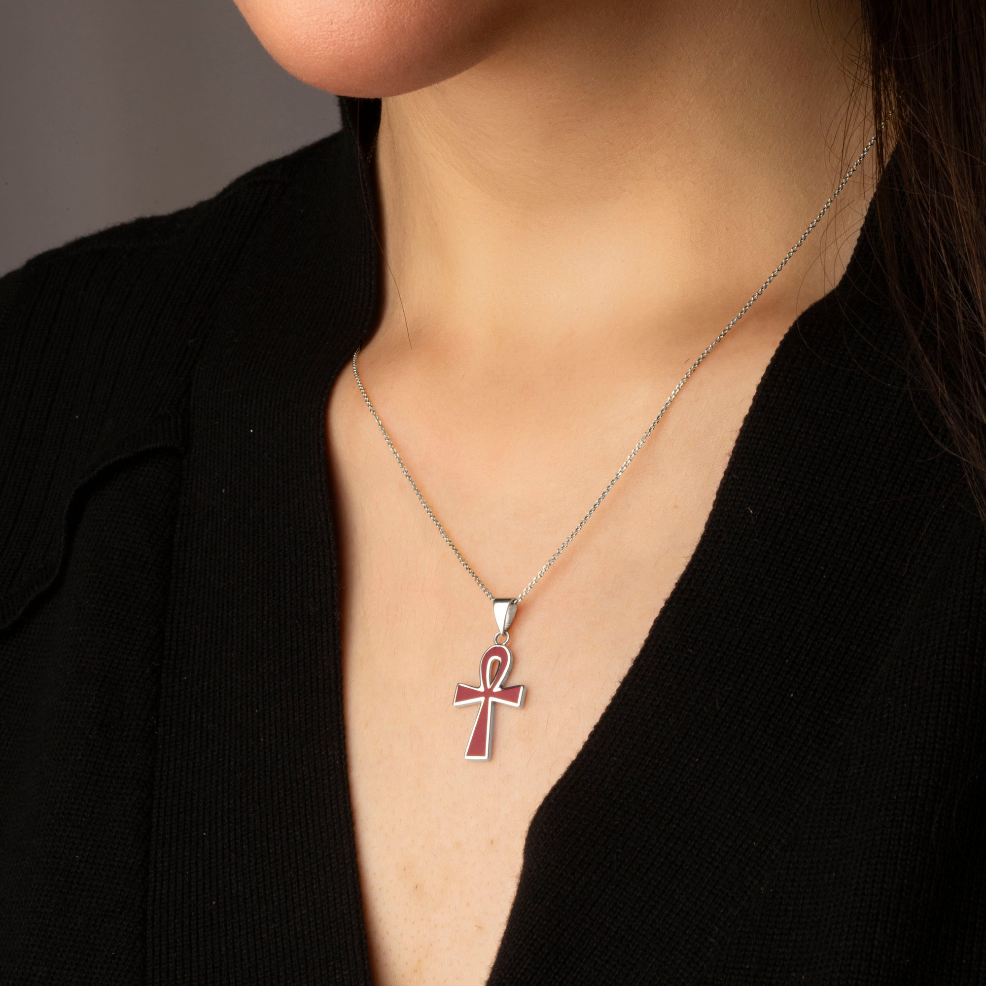 Sterling Silver Red Enamel Egyptian Ankh Cross Stud Earrings Pendant Necklace Set, view 2