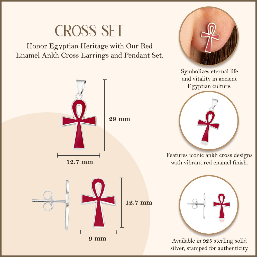 Sterling Silver Red Enamel Egyptian Ankh Cross Stud Earrings Pendant Necklace Set, view 4