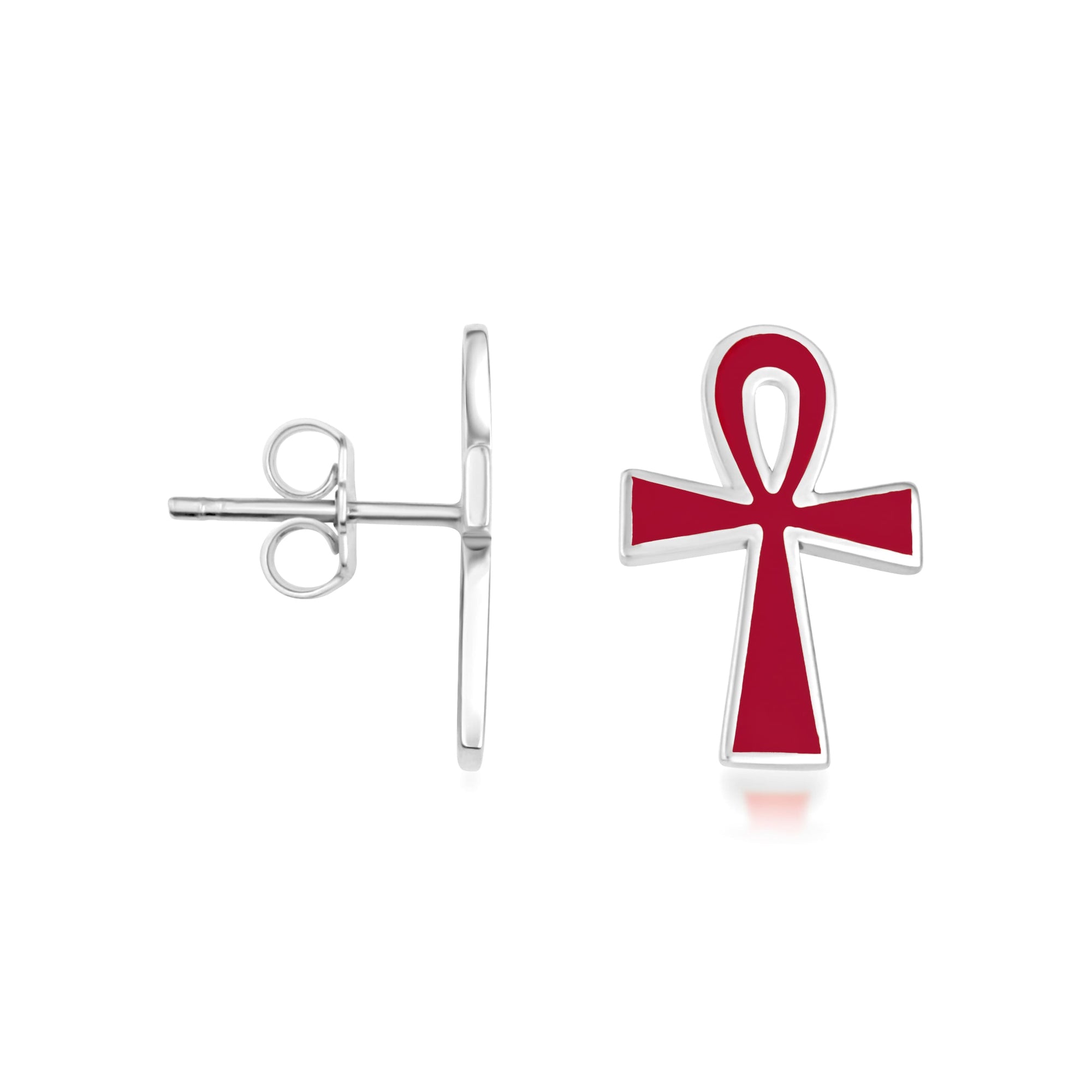 Sterling Silver Red Enamel Egyptian Ankh Cross Stud Earrings Pendant Necklace Set, view 5