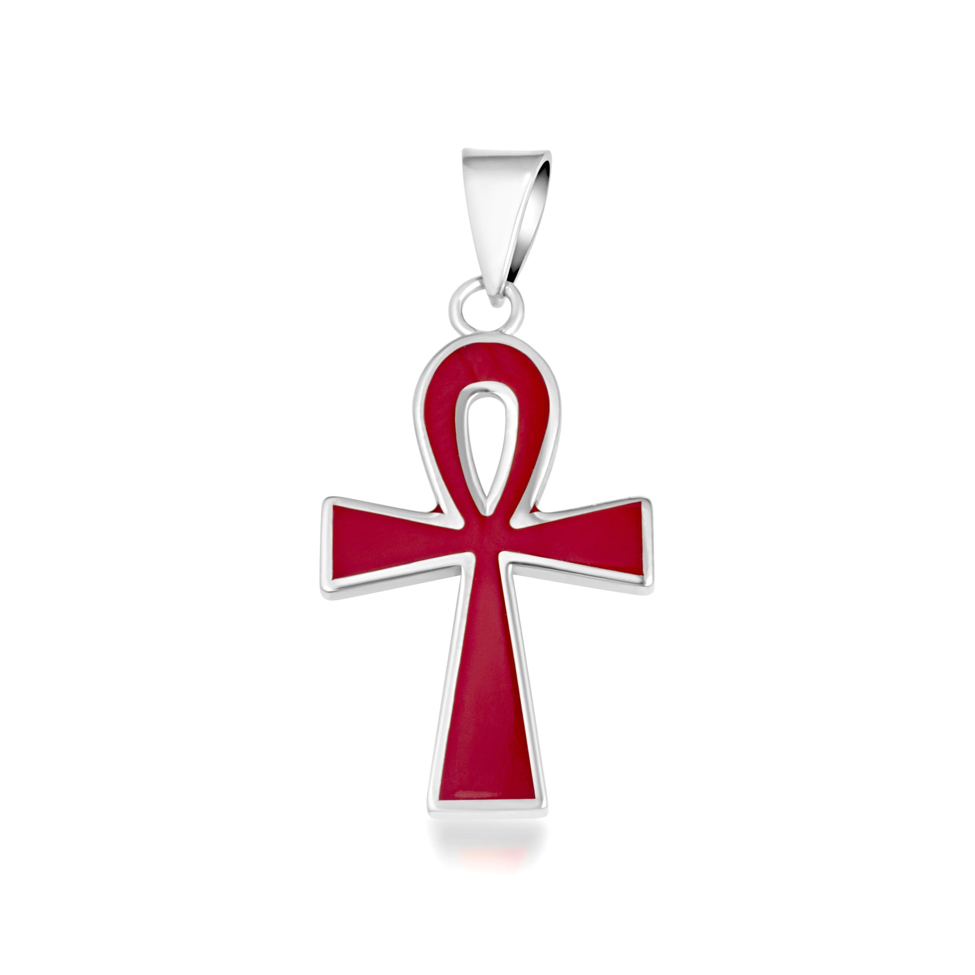 Sterling Silver Red Enamel Egyptian Ankh Cross Stud Earrings Pendant Necklace Set, view 6