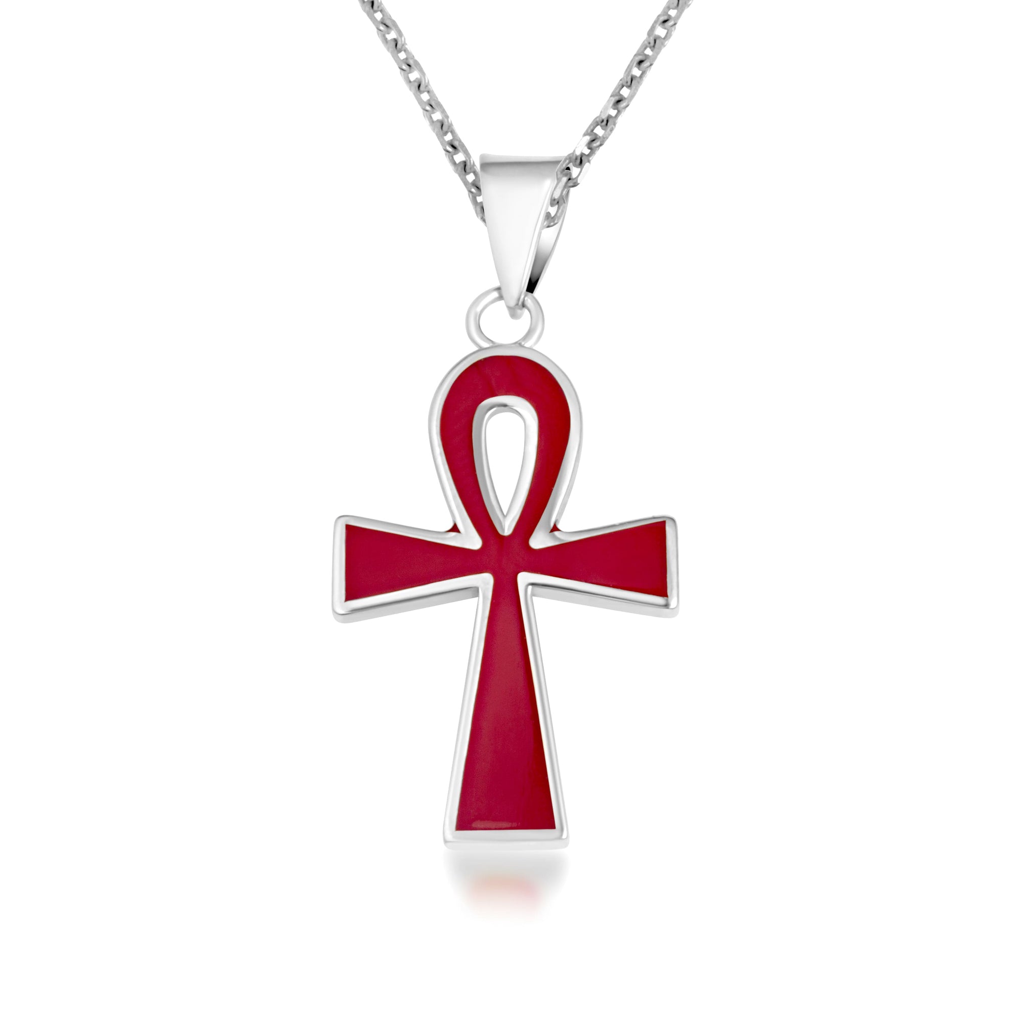 Sterling Silver Red Enamel Egyptian Ankh Cross Stud Earrings Pendant Necklace Set, view 7