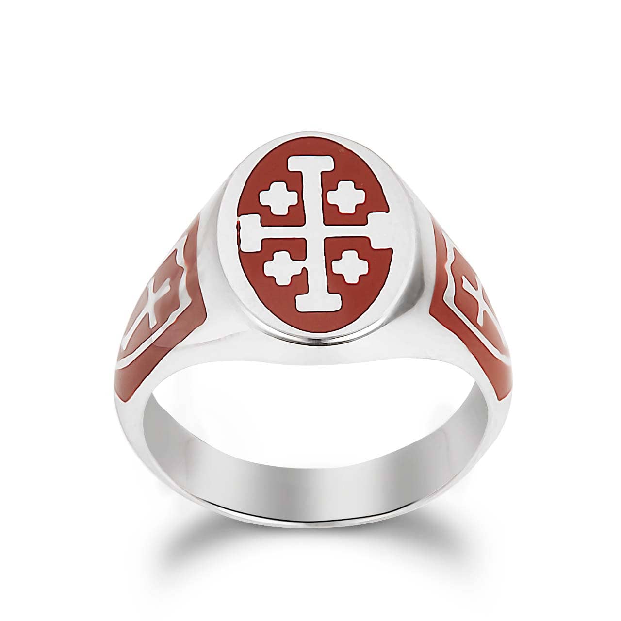 Sterling Silver Red Enamel Jerusalum Cross Shield Oval Signet Ring