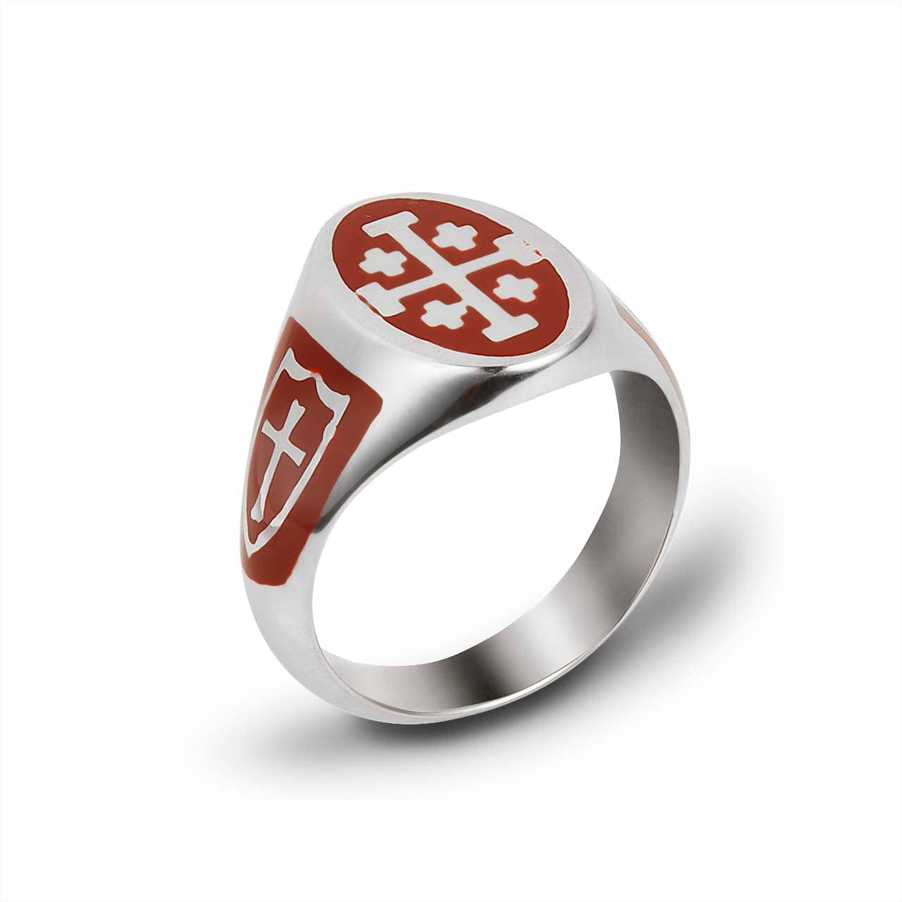 Sterling Silver Red Enamel Jerusalum Cross Shield Oval Signet Ring, view 3