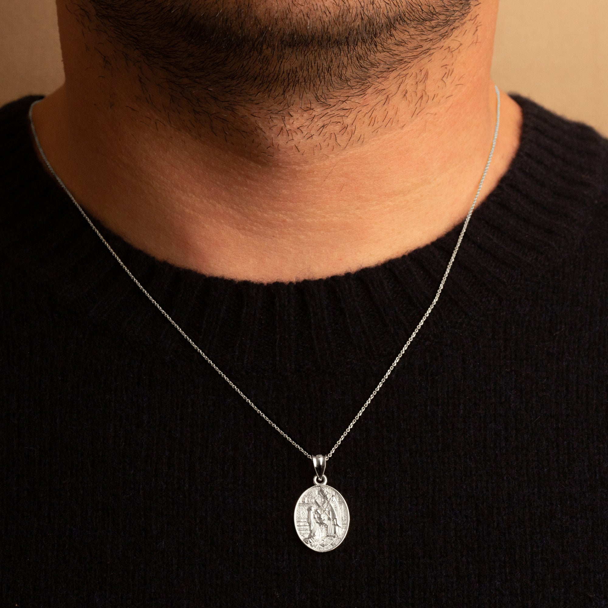 Sterling Silver Religious Baby Jesus Mary & Joseph Oval Medallion Pendant Necklace, view 2