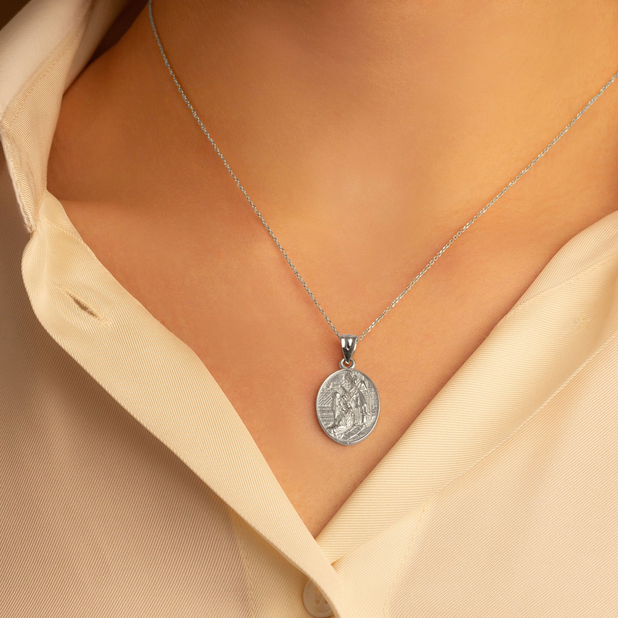 Sterling Silver Religious Baby Jesus Mary & Joseph Oval Medallion Pendant Necklace, view 3