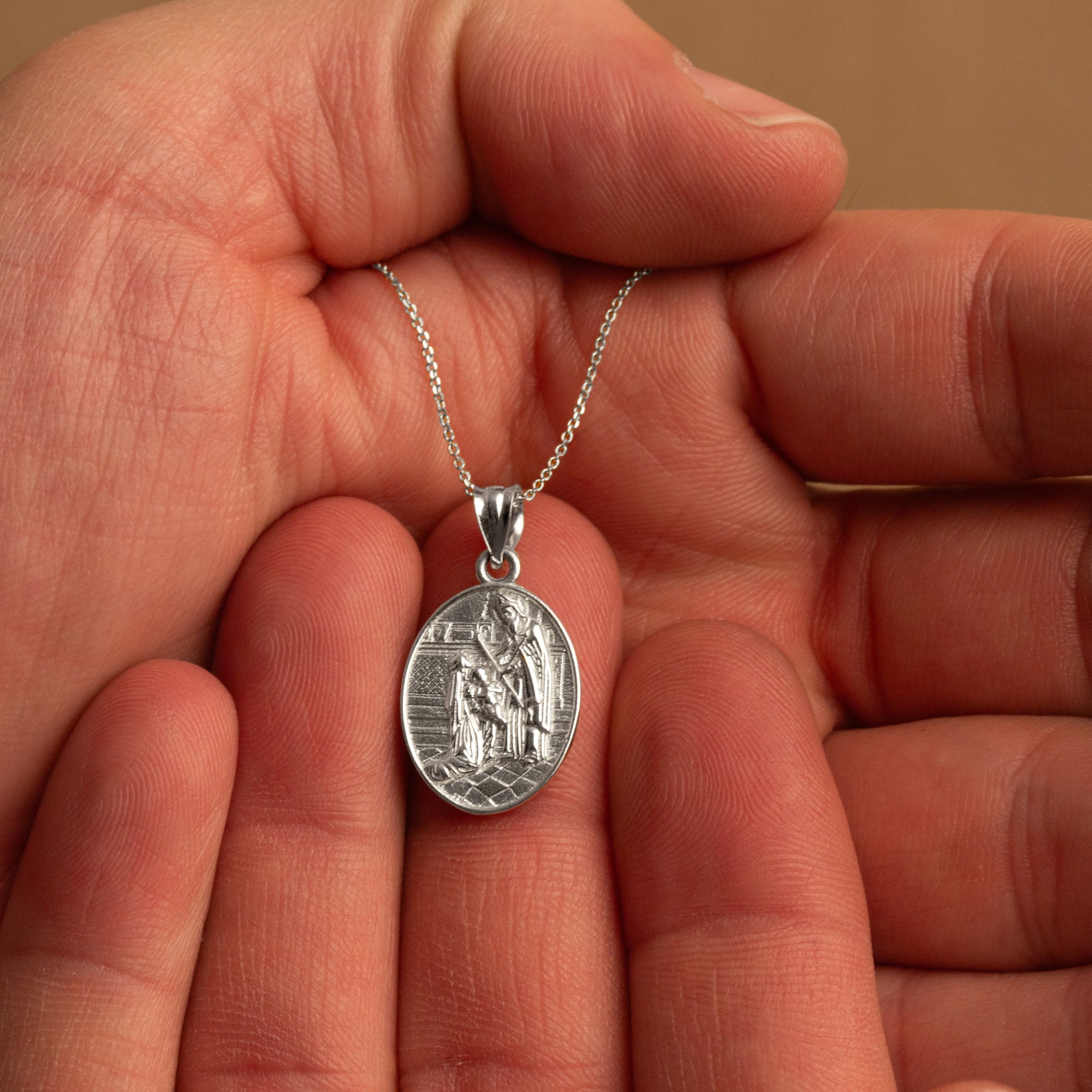 Sterling Silver Religious Baby Jesus Mary & Joseph Oval Medallion Pendant Necklace, view 4