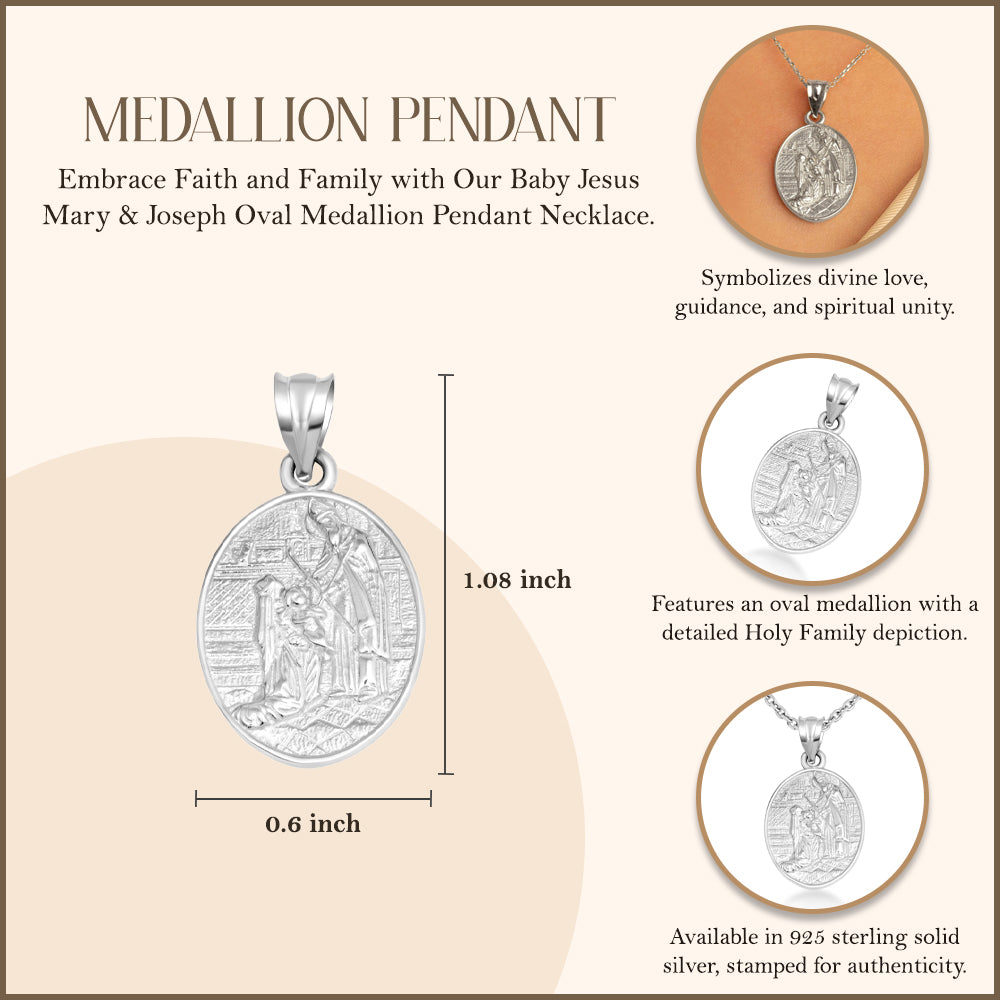 Sterling Silver Religious Baby Jesus Mary & Joseph Oval Medallion Pendant Necklace, view 5