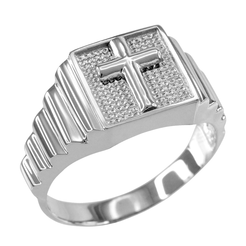 Sterling Silver Religious Cross Textured Men's Signet Ring