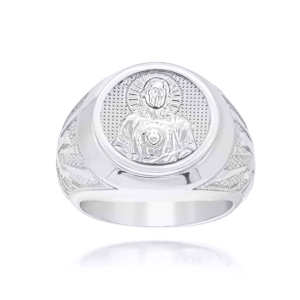 Sterling Silver Religious Jesus Christ Cross Beaded Signet Ring